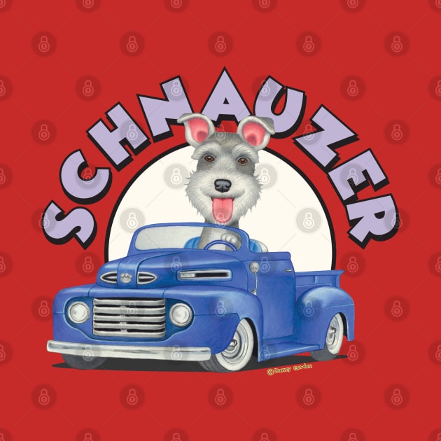 Cute Schnauzer mini puppy retro ready to ride in Classic Blue Truck by Danny Gordon Art