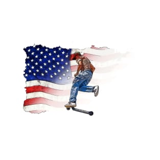 Patriotic Scooter Rider and US Flag Artwork T-Shirt