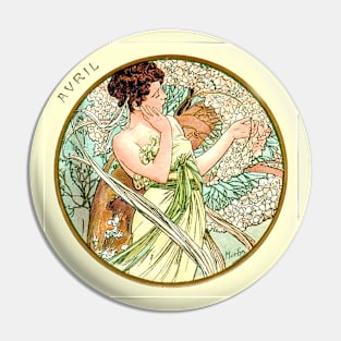 Art Nouveau April Calendar Alphonse Mucha Pin