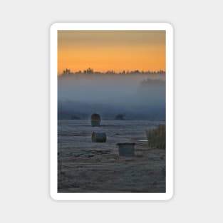 Orange sky Foggy morning  farming landscape Magnet