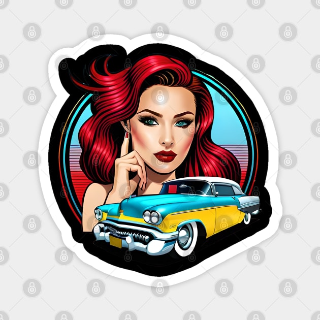 80s motor race party design with fashion girl and retro car on red rays Magnet by CHRONIN