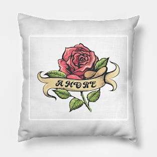 Red Rose and Banner with Lettering Amore Pillow