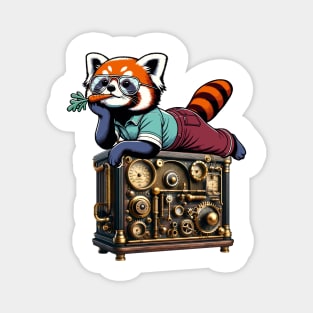 Red Panda Relaxing on Vintage Radio - Unique Digital Art Magnet