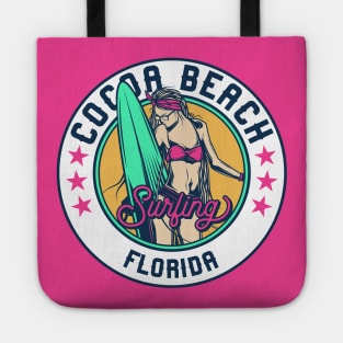 Retro Surfer Babe Badge Cocoa Beach Florida Tote