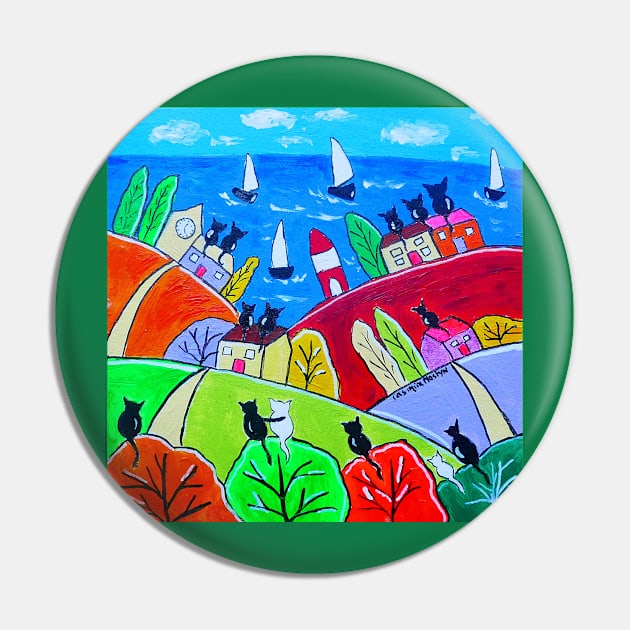 Cats on colourful roofs looking at sailing boats Pin by Casimirasquirkyart