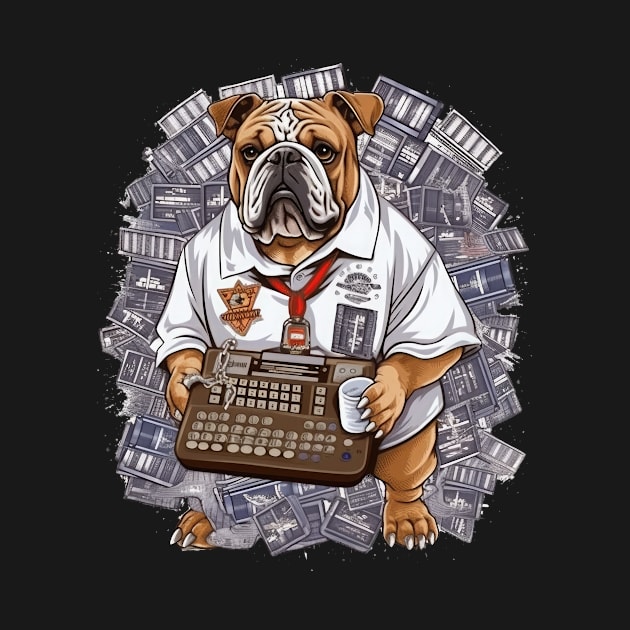 Accountant English Bulldog t-shirt design, a bulldog wearing a graduation gown and holding a calculator by teestore_24