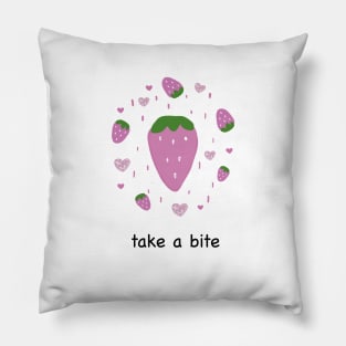 Cute strawberry and hearts with take a bite text Pillow