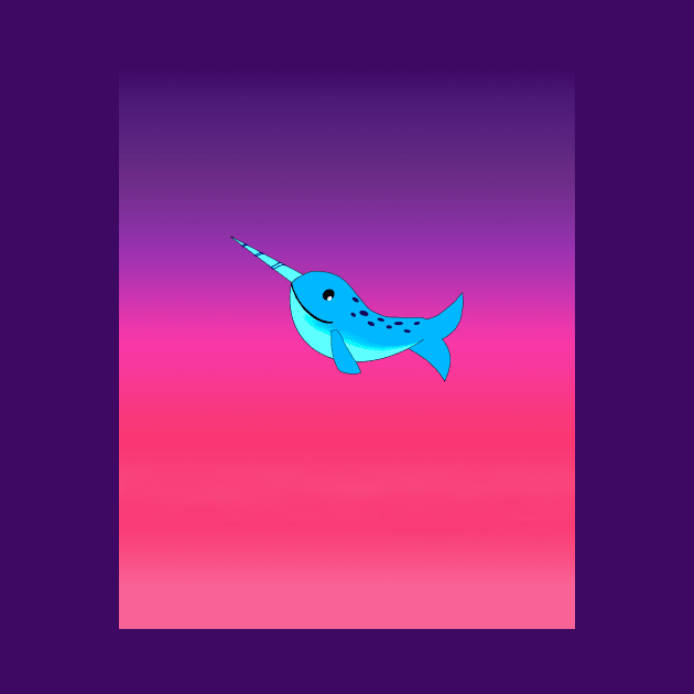 Cute blue cartoon narwhal on neon pink purple background by galaxieartshop