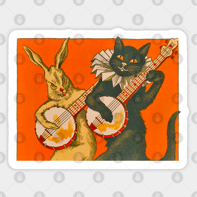 A cat playing the banjo and the musical rabbit accompanying it, a pair of cheerful and musical animals. Vintage drawing - Musical Instrument Banjo - Sticker