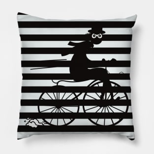 Black and white striped pattern with a shady cyclist running fast on an old bicycle Pillow