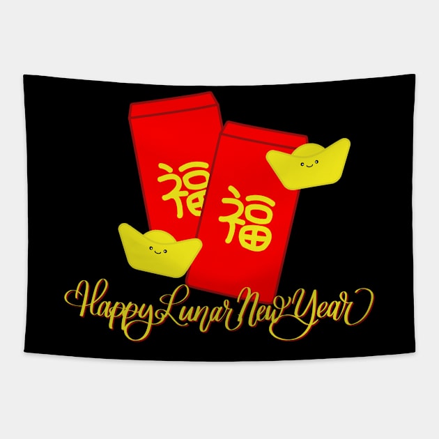 Lunar New Year Red Envelope and Golden Nugget - Black Tapestry by Kelly Gigi