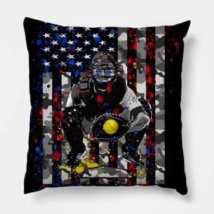 Softball Catcher American Flag Patriotic Fastpitch Softball Gifts Pillow