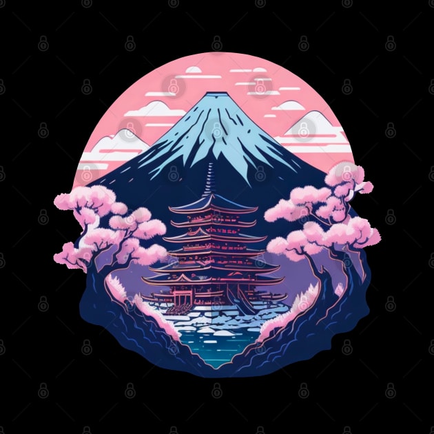 Symmetrical Japanese Pagoda, Mountain and Flowers by Lady Lilac