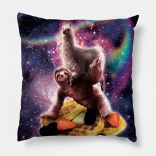 Llama Riding Sloth on Waffles Pillow