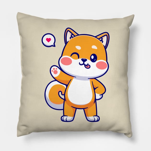 Cute Shiba Inu Dog Waving Hand Cartoon Pillow by Catalyst Labs