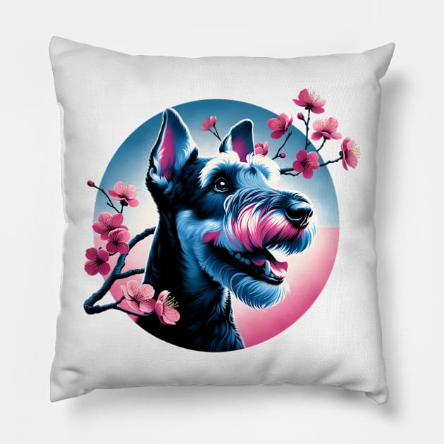 Kerry Blue Terrier Enjoys Spring Cherry Blossoms Pillow by ArtRUs