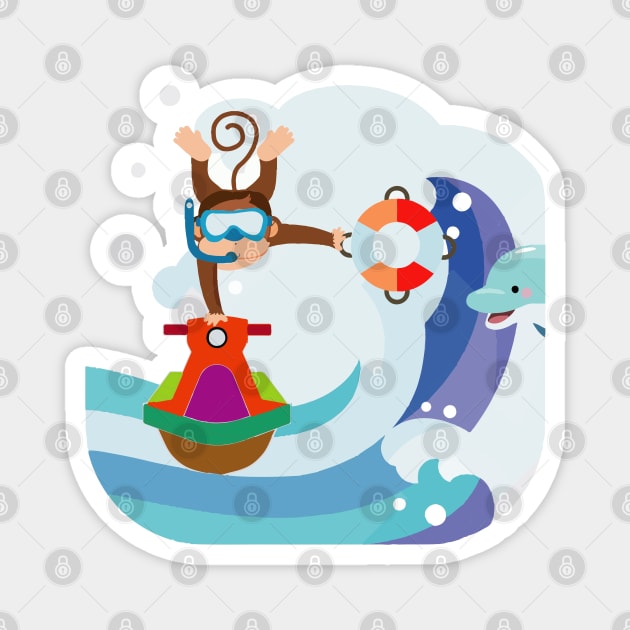 Fun monkey doing stunts on a jet ski, finding a dolphin surfing a wave Magnet by Ideas Design