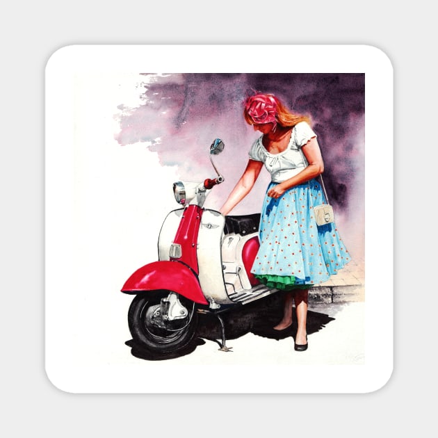 Fifties Lambretta Girl Magnet by Mightyfineart