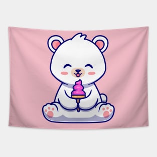 Cute Polar Bear Eating Ice Cream Cone Cartoon Tapestry