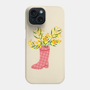 Rubber boots Wellies pink checkered Wellington boots and mimosa flower Phone Case