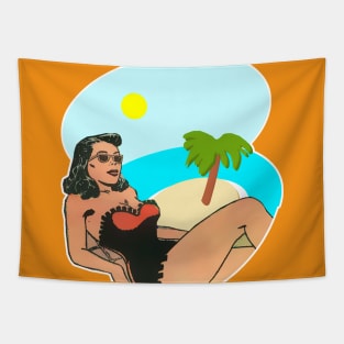 Brunette girl in sunglasses on the beach Tapestry