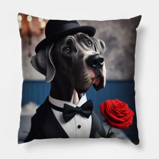 Great dane dog in formal tuxedo with hat and candlelight Pillow