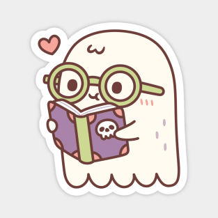 Cute Ghost Reading A Book With A Skull Magnet