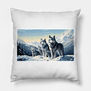 a pack of wolves in a snowy field Pillow