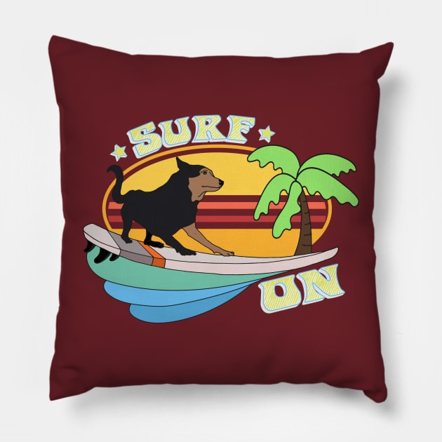 Retro Sunset Surfing Dog Pillow by MisconceivedFantasy