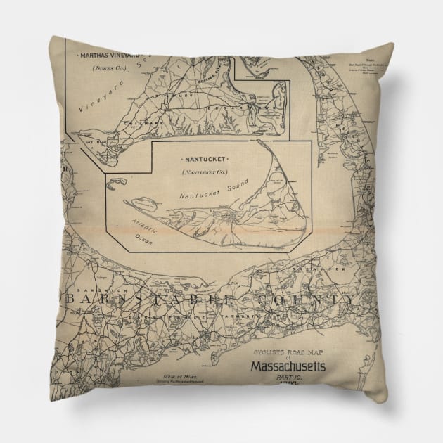 Vintage Cape Cod Cyclist Map (1893) Pillow by Bravuramedia