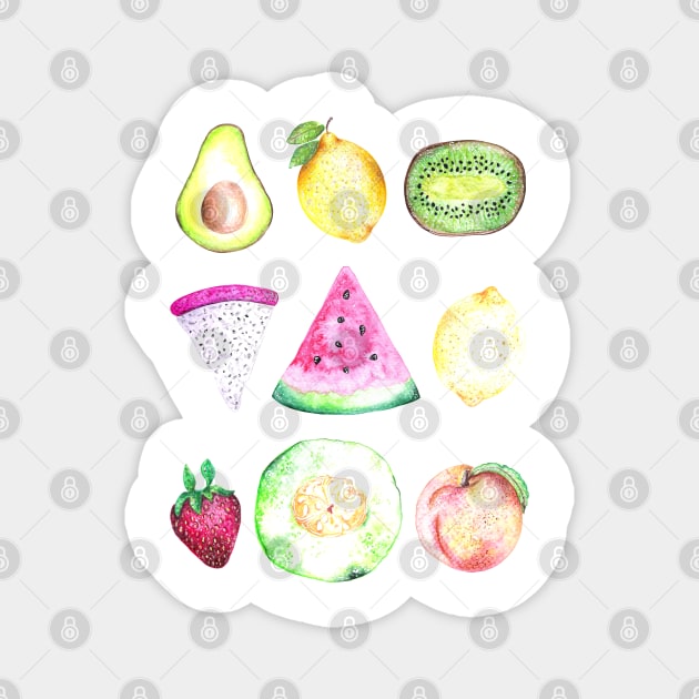 Watercolor Fruits Pattern on Black Magnet by Neginmf