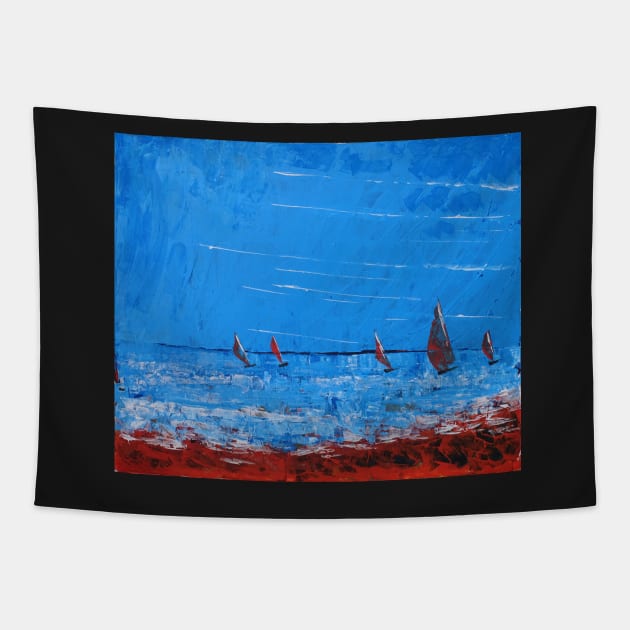 5 Yachts - Acrylic on Canvas Tapestry by pops