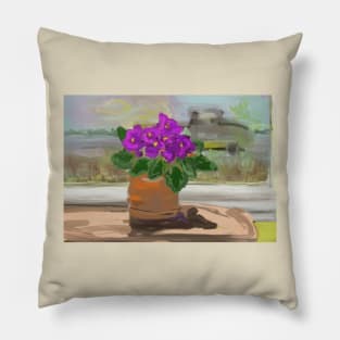 African Violet and view from window. Pillow