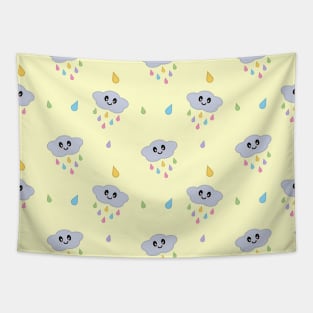 Kawaii Cute Raining Rainbow Clouds Pattern in Yellow Tapestry