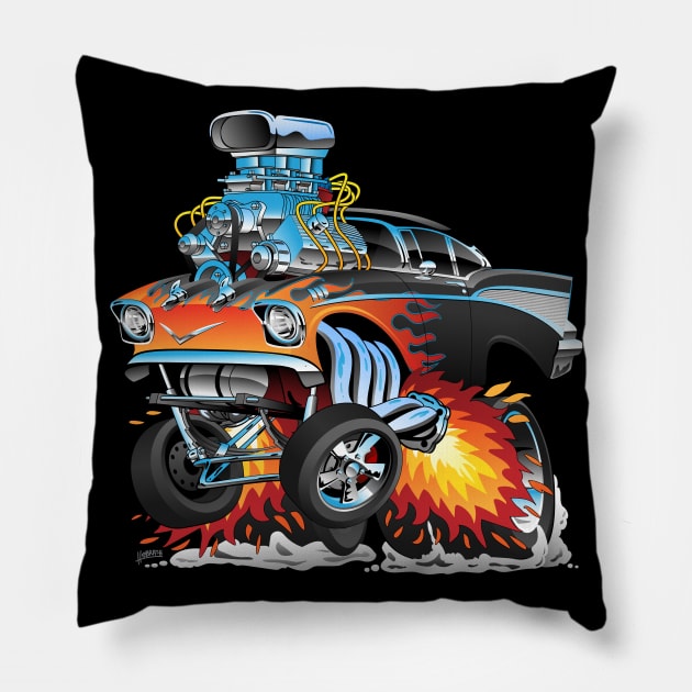 Classic hot rod fifties style gasser drag racing muscle car, red hot flames, big engine, lots of chrome, cartoon illustration Pillow by hobrath