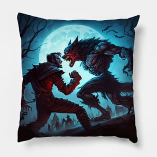 Cartoon image of a vampire vs. a werewolf fight at full moon. Pillow