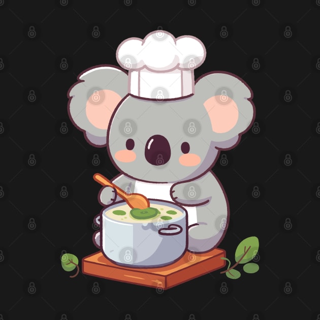 Cute koala chef with chef apron making soup, koala bear cooking illustration, koala lover chef by Nora Liak