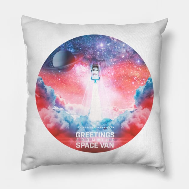 Greetings From The Space Van Pillow by The Unicorn Wranglers