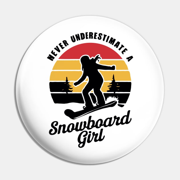 Never Underestimate A Snowboard Girl, Retro Snowboarding Pin by Chrislkf