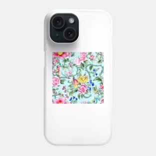 Flowers and leaves on turquoise seamless pattern Phone Case