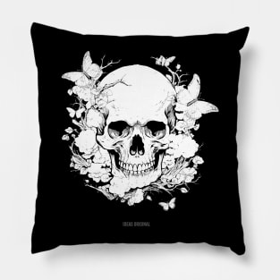 Floral Whispers: A Skull Adorned with Flowers and Butterflies Pillow