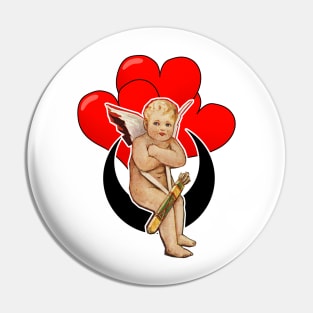 Angel Cupid resting on the moon and with red hearts Pin