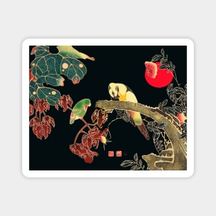 PARROTS ON A BRANCH OF A FLOWERING ROSE BUSH Antique Japanese Floral Magnet