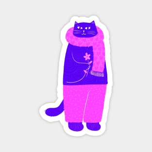 Cute purple cat with pink scarf and flower Magnet