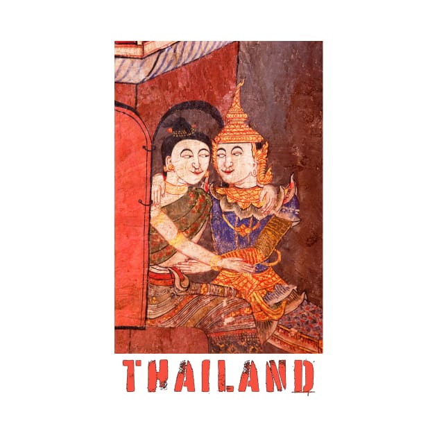 Antique Thai colorful temple mural of a young couple embracing in traditional period ceremonial clothing with the word Thailand featuring under the image. by Earthworx