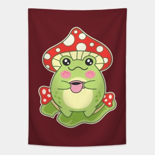 Mashroom-Headed Frog With Coffee Cup Kawaii Toad Tapestry