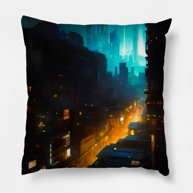 Cityscape Neon Lit At Night Pillow by Taudalpoi