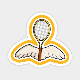 Tennis Racket and Wings Sticker vector illustration. Sports objects icon concept. Tennis with wings logo vector. Flying racket sticker design with shadow on pink background. Magnet