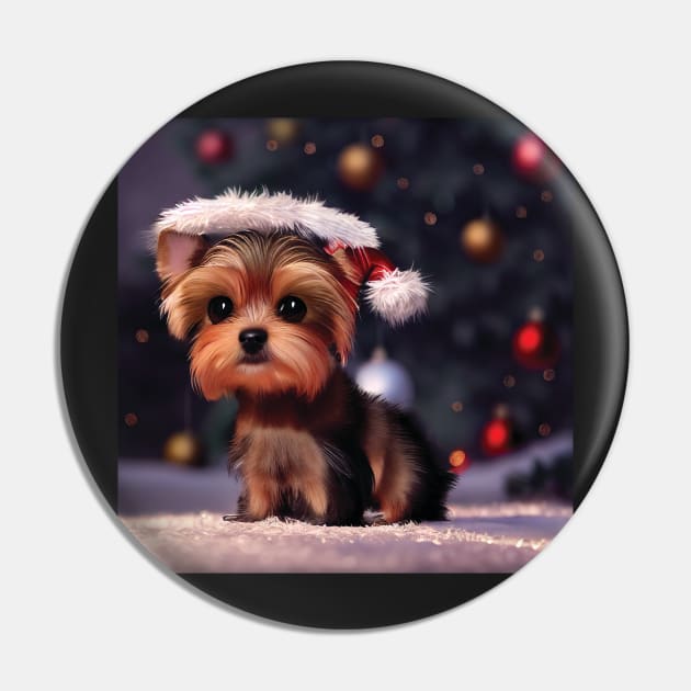 Yorkshire Terrier Christmas Puppy Dog In Santa Hat Pin by Geminiartstudio