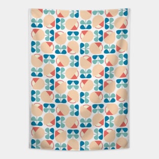 Retro Geometric Floral Pattern Blue, Peach, Coral Tapestry